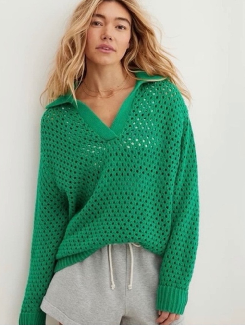 NEW Aerie Open Knit Polo In Green Size XL